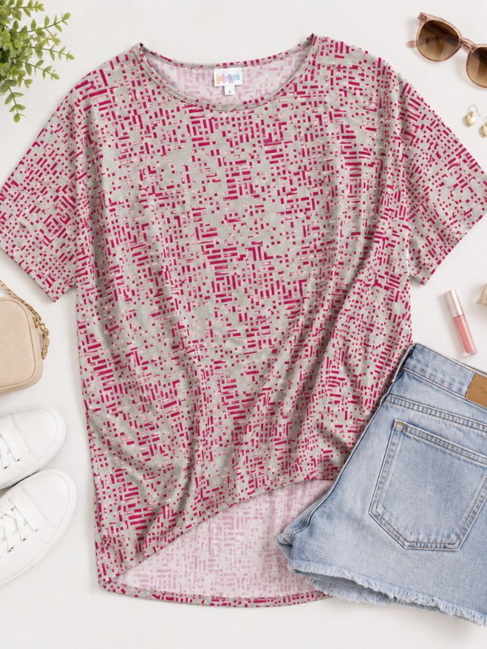 Lularoe Irma Hi-Lo Knit Oversized Tunic Tee in Geo Dash Print